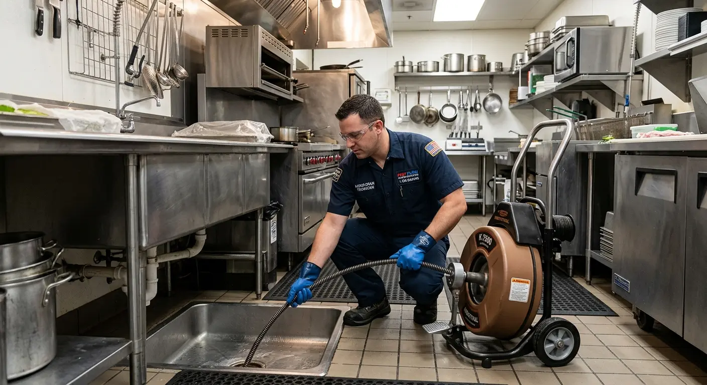 Commercial drain cleaning service in a restaurant kitchen in Lake Morton-Berrydale