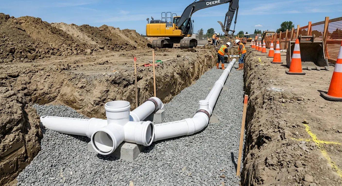 New PVC sewer pipe installation in open trench for Sewer Backup in Lake Morton-Berrydale