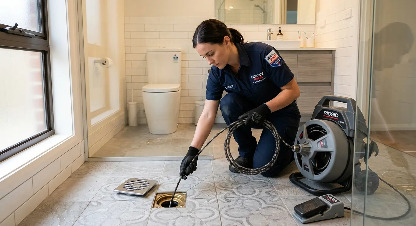 Technician clearing a bathroom floor drain for Sewer Line Replacement in Lake Morton-Berrydale